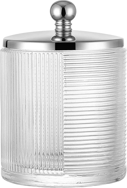 Clear Transparent Apothecary Ribbed Geometric Etched Glass Jar W/Silver/Chrome by IndecorHome