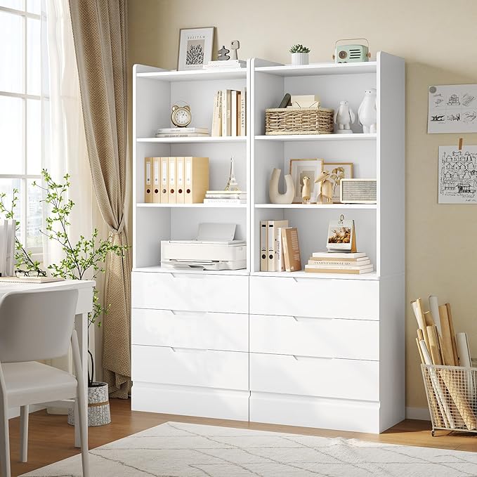 DICTAC Bookcase Set of 2 with 3 Drawers 73.23'' White Bookshelf Storage - Image 4