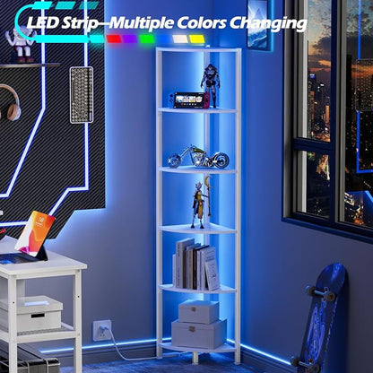 6 Tier Corner Shelf with LED Light, 67.5" White Narrow Bookshelf | Tall - Image 5