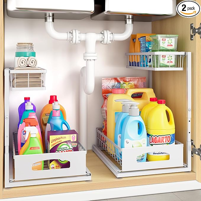 Under Sink Organizer, 2 Pack Height Adjustable Cabinet Organizer by Fabutier
