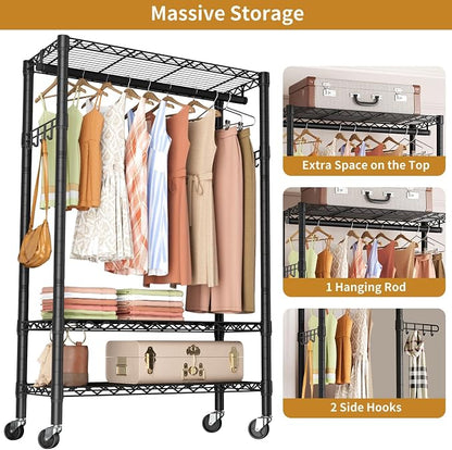 Heavy Duty Clothes Rack Rolling Garment Rack, 3 Tier Adjustable Wire Shelving - Image 4