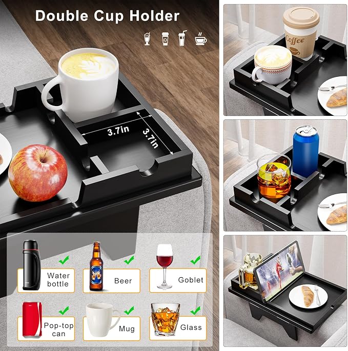 Black Couch Cup Holder Tray - 2 in 1 Couch Armrest Table - Foldable Sofa - Image 4