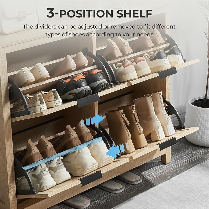 Shoe Cabinet with 4 Flip Drawers, Narrow Entryway Rack, Oak | Slanted Wood Grain - Image 5