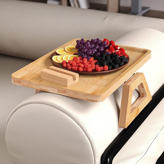 Couch Arm Tray with 360°Phone, Bamboo Folding Sofa Tray, Sofa Armrest Trays - Image 2
