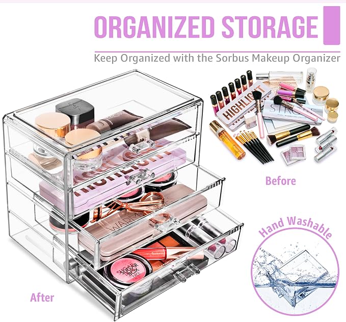 Sorbus Acrylic Makeup Organizer Set, 4-Drawer Vanity & Countertop Cosmetic - Image 5