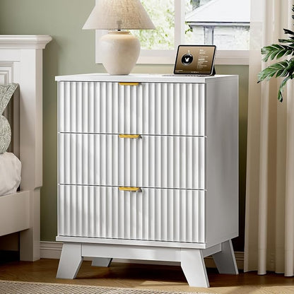 Fluted Nightstand with Charging Station, Modern Wood Side Table Night Stand by Xixini
