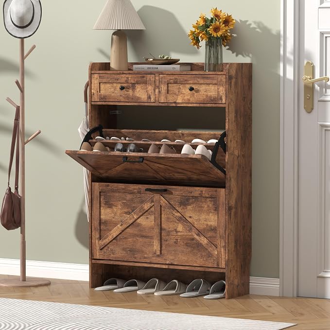 Thacuok Shoe Cabinet with 2 Flip Drawers & 2 Storage Drawers, Rustic Farmhouse - Image 3
