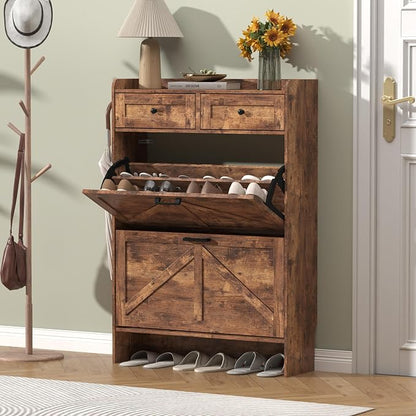 Thacuok Shoe Cabinet with 2 Flip Drawers & 2 Storage Drawers, Rustic Farmhouse - Image 3
