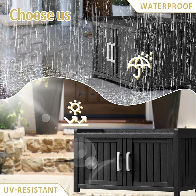 2-Tier Storage Bench, 2 Doors Waterproof Resin Shoe Bench - Image 4