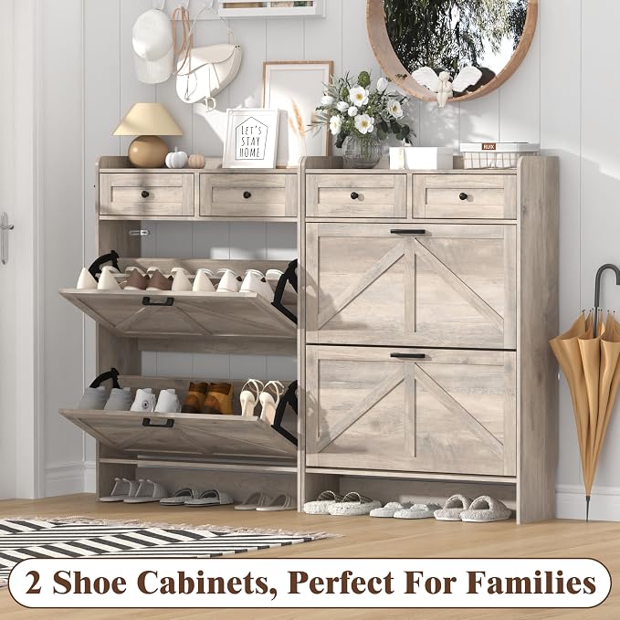 Thacuok Shoe Cabinet with 2 Flip Drawers & 2 Storage Drawers, Rustic Farmhouse - Image 9