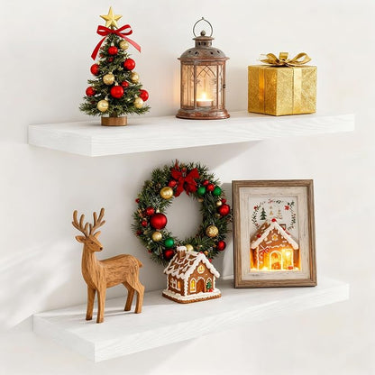 Fun Memories White Floating Shelves 32 Inch Long, Rustic Wood Wall Mounted by FunMemories