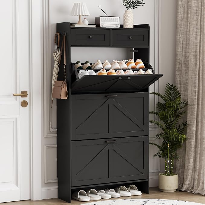 Shoe Cabinet with 3 Flip Drawers & 2 Top Drawers, Hidden Slim Shoe Rack by Xixini
