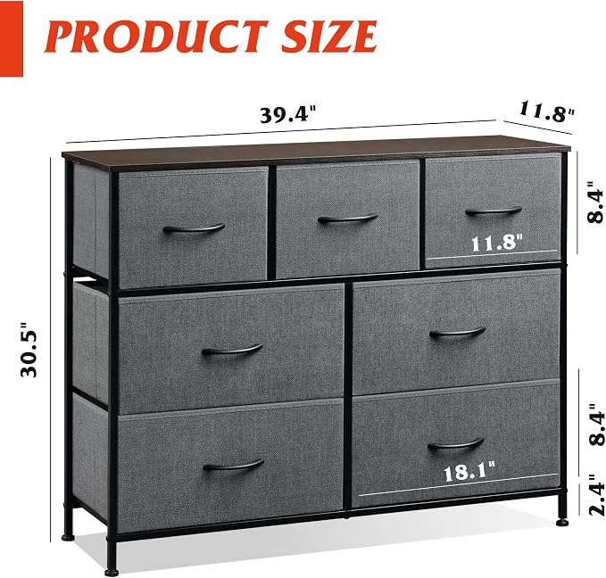 WLIVE Dresser for Bedroom, 7 Drawers, TV Stand, Dark Grey | 7 roomy fabric - Image 3