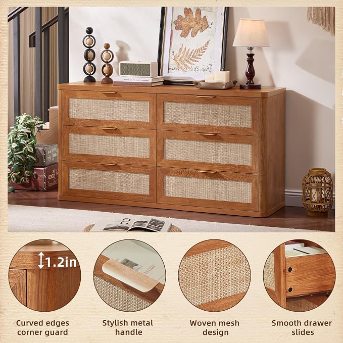 LEYAOYAO Rattan Dresser for Bedroom Set of 2, Boho 48" Wide 6 Drawer Dresser - Image 4