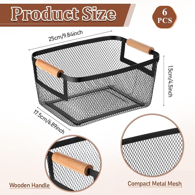 6 Pcs Metal Wire Basket with Wooden Handles | Mesh Steel Storage Organizer Bin - Image 2