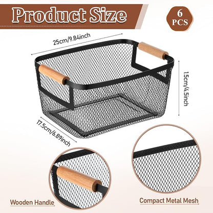 6 Pcs Metal Wire Basket with Wooden Handles | Mesh Steel Storage Organizer Bin - Image 2