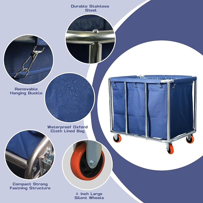 Commercial Laundry Cart with Wheels, 470L Large Capacity Heavy Duty Stainless - Image 3