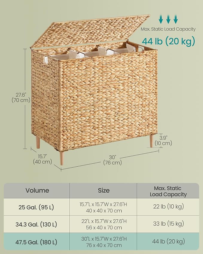SONGMICS Laundry Hamper 3 Sections, 47.5 Gal. Handwoven Water Hyacinth Wicker - Image 6