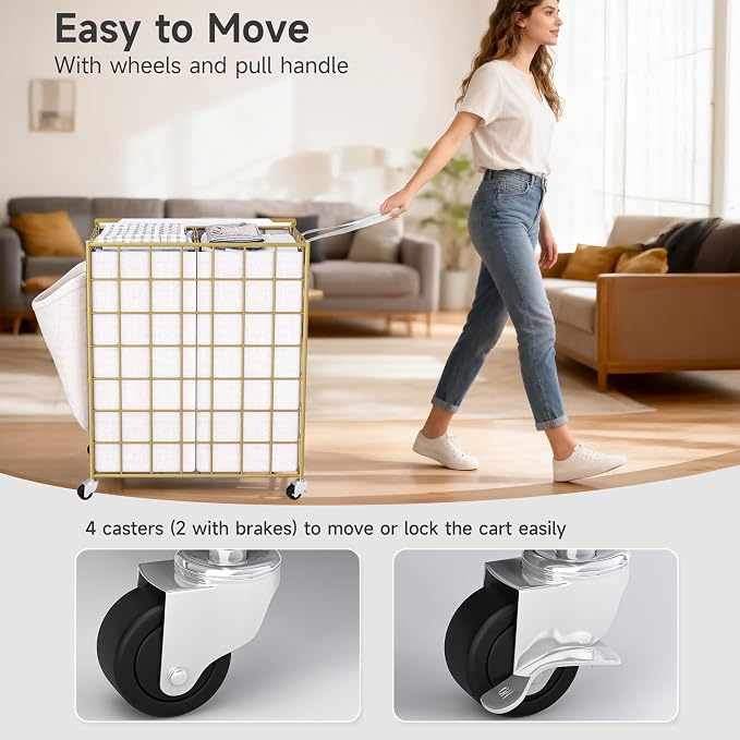 Laundry Basket with Wheels, Heavy Duty Laundry Sorter 2 Sections, 120L Large - Image 5