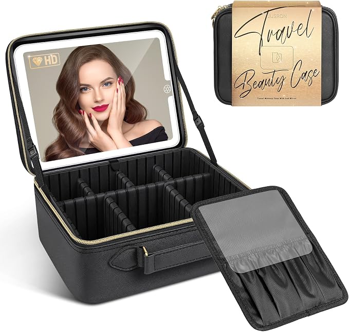 JUSRON Travel Makeup Bag With LED Mirror, Train Case with Light up Mirror by JUSRON
