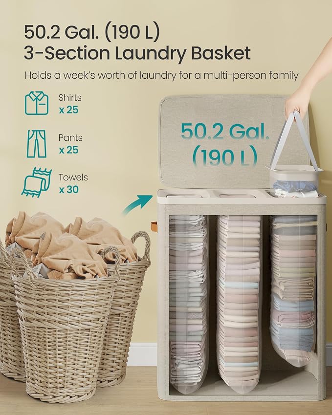 SONGMICS Laundry Basket, 50.2 Gal. Laundry Hamper, 3 Compartments, Easy Assembly - Image 4