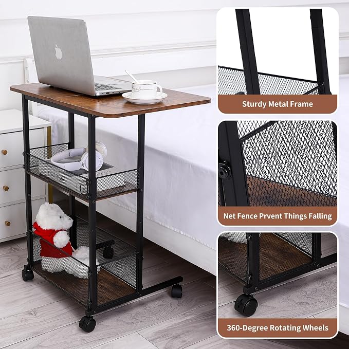 C Shaped End Table with Storage Shelf Basket, Small Couch Table with Wheels - Image 7