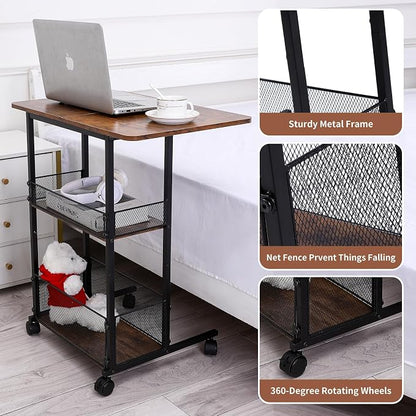 C Shaped End Table with Storage Shelf Basket, Small Couch Table with Wheels - Image 7