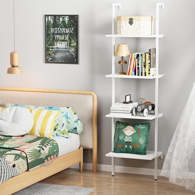 Ladder Shelf 4 Tiers Metal Industrial Bookshelf, Wall Mount Wide Bookcase - Image 2