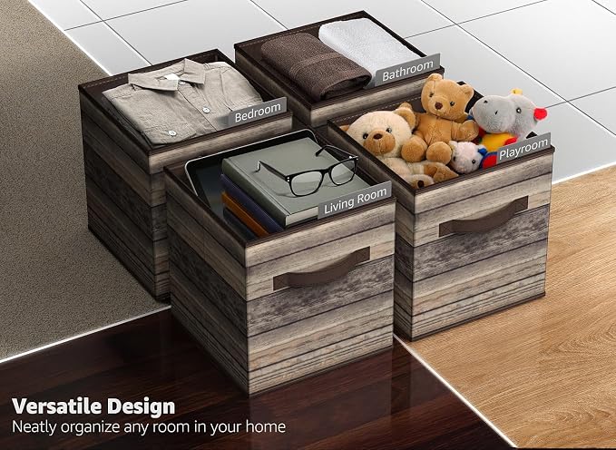 Sorbus Foldable Storage Cube Basket Bin, Rustic Wood Grain Print - Image 5