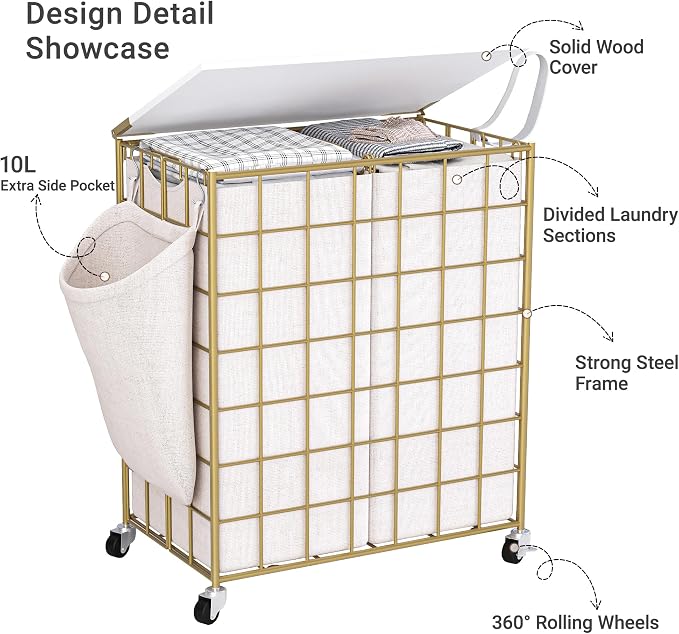 Laundry Basket with Wheels, Heavy Duty Laundry Sorter 2 Sections, 120L Large - Image 4