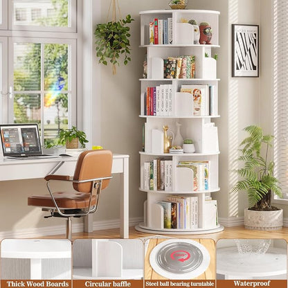 Aheaplus 6 Tier Rotating Bookshelf, Wood Spinning Bookshelf Tower, Round - Image 4