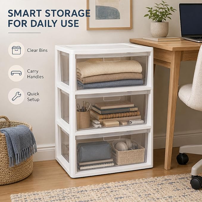 3 Drawer Plastic Storage Tower Clear Chest Organizer | Clear Removable Bins - Image 9