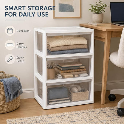 3 Drawer Plastic Storage Tower Clear Chest Organizer | Clear Removable Bins - Image 9
