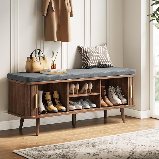 Decofy Shoe Storage Bench with Cushion and Sliding Doors, 47.2 Inch Shoe Bench - Image 3