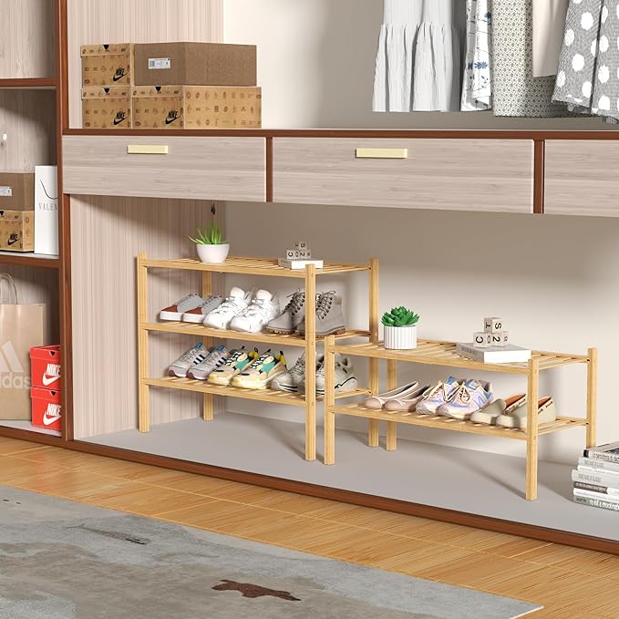 2 Tier Bamboo Shoe Rack for Closet Free Standing Wood Shoe Shelf for Entryway - Image 4