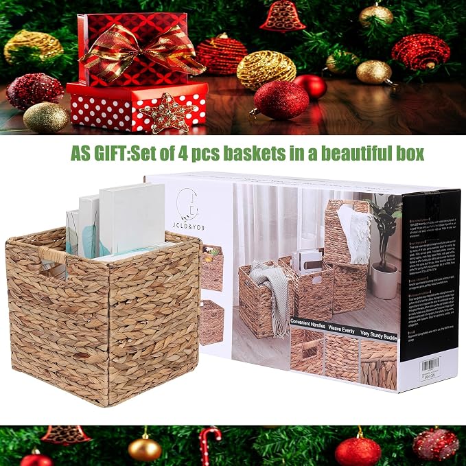12x12in Storage Baskets 4 Pcs Water Hyacinth Baskets, Foldable Handwoven - Image 4