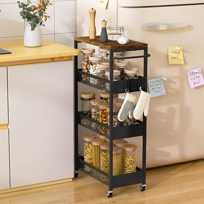 Vincona 9.1" Wide Slim Rolling Utility Cart, 4 Tier Metal Narrow Storage Cart by Vincona