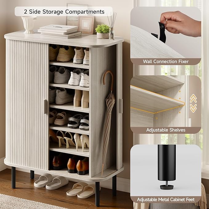 6-Tier Shoe Cabinet with Sliding Door, Wooden Shoe Storage Cabinet with - Image 5