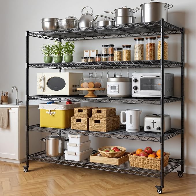 AIRAJ 5 Tier Wire Shelving | 46” W Rolling Wire Rack - Image 2