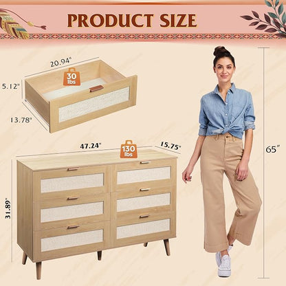 WLIVE Rattan Dresser for Bedroom, 6 Drawer 47.24'' Wide Boho Wood Dresser - Image 3
