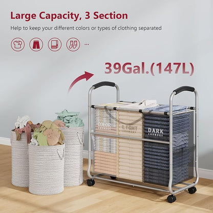 Tajsoon 3 section Laundry Hamper Sorter, Laundry Sorter Cart - Image 3
