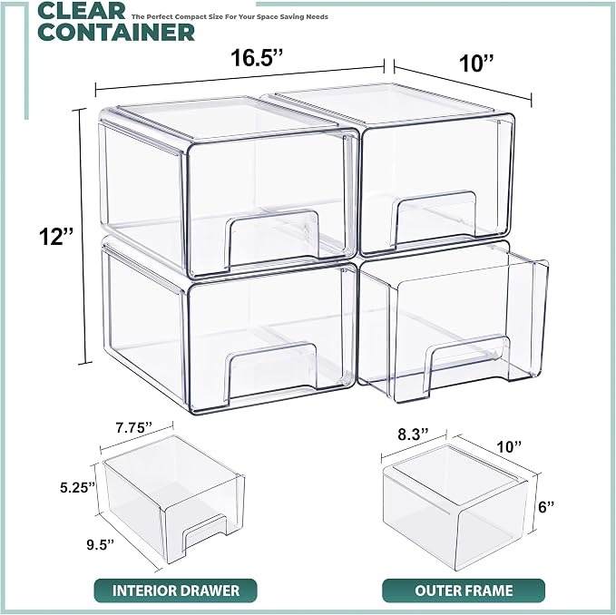 Sorbus Large Clear Stackable Storage Drawers 4-Pack Plastic Organizer Bins - Image 3