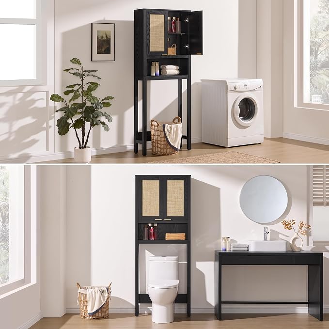 SICOTAS Over the Toilet Storage Cabinet, Rattan Door Bathroom Organizer | - Image 7