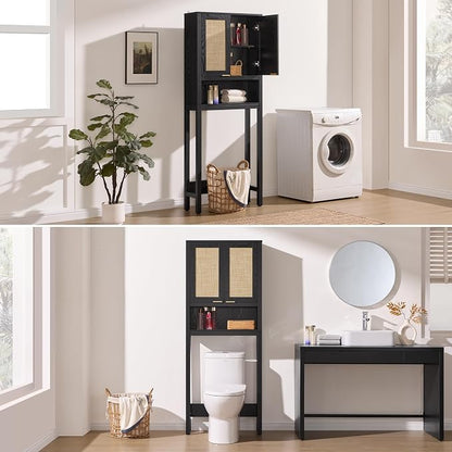 SICOTAS Over the Toilet Storage Cabinet, Rattan Door Bathroom Organizer | - Image 7