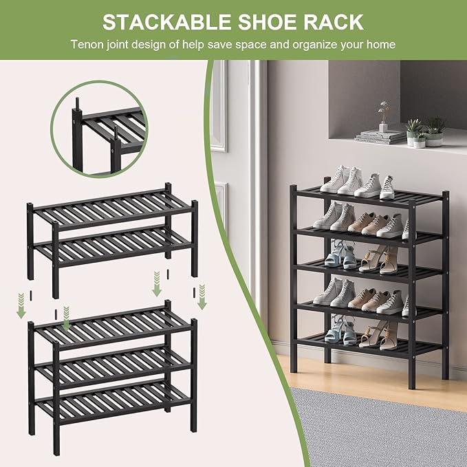 2 Tier Bamboo Shoe Rack for Closet Free Standing Wood Shoe Shelf for Entryway - Image 5