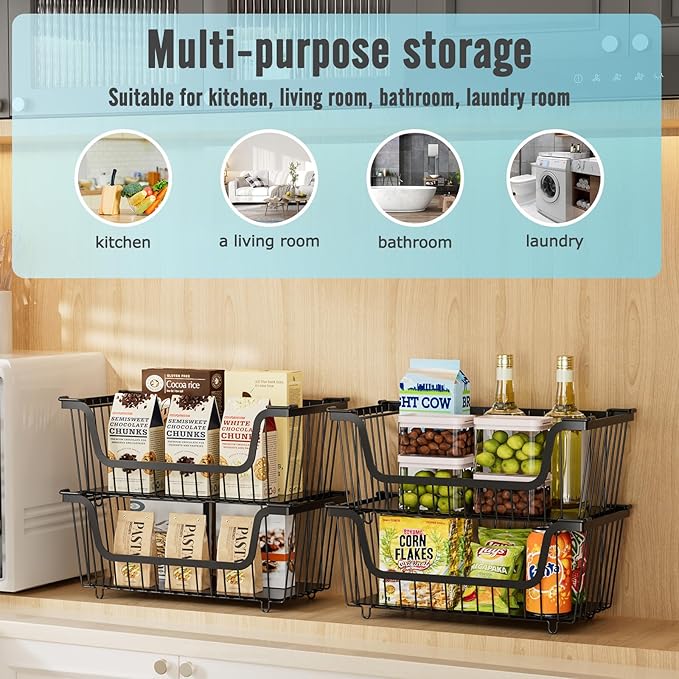 4 Pcs Stackable Wire Baskets for Pantry Organizers and Storage, Ideal Bins - Image 6