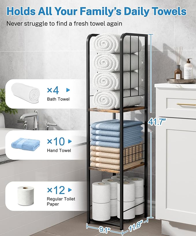 Narrow Towel Storage for Bathroom, 3-Tier Free Standing Bathroom Towel Rack - Image 3