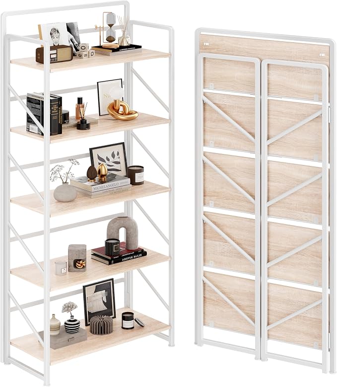 JSB Folding Bookshelf, Industrial Storage Shelves, No Assembly Vintage Wood by HomeFurniture