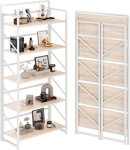 JSB Folding Bookshelf, Industrial Storage Shelves, No Assembly Vintage Wood by HomeFurniture