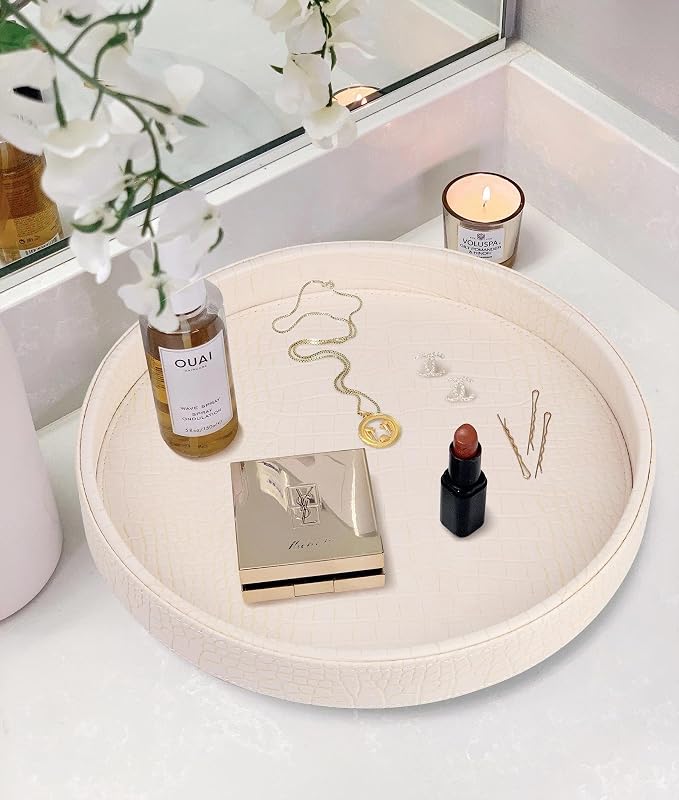 HofferRuffer Faux Leather Round Serving Tray, Vegan Croco Leather Decorative - Image 5